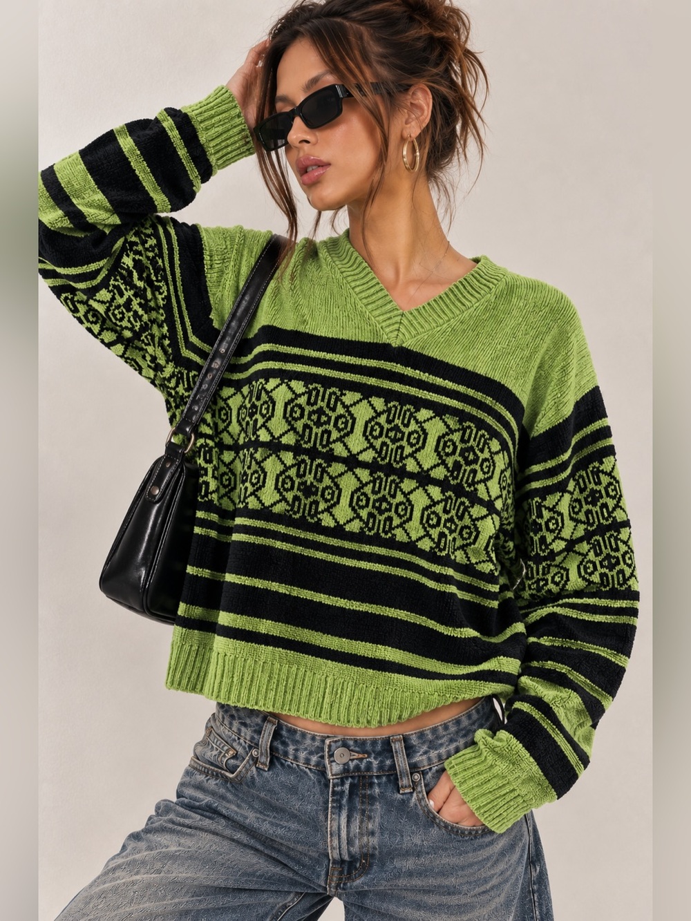 Vintage Amanda Smith Chenille Sweater M Green Black Y2K Geometric